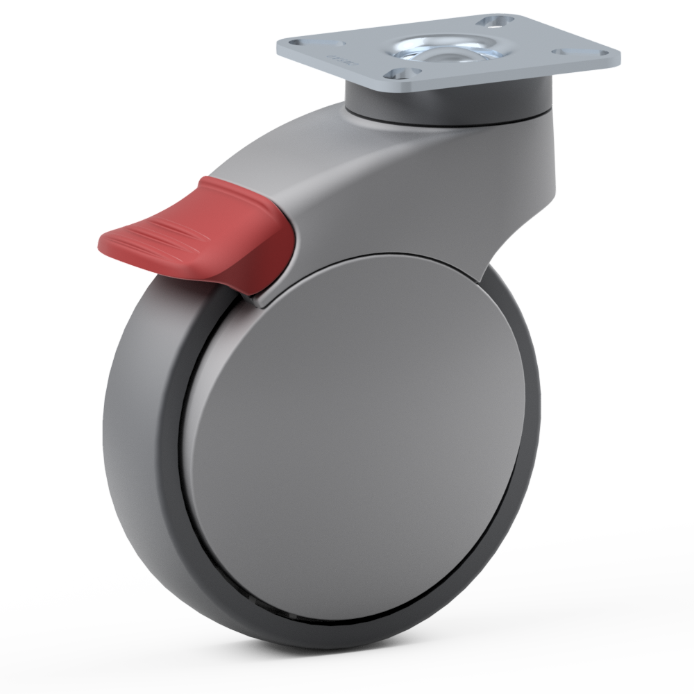 Full Nylon Body Castor, with grey TPR Tyre Bonded to Plastic Centre, Swivel Top Plate Castor with a brake