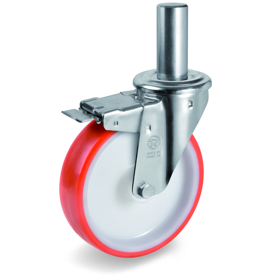 Injection Moulded Polyurethane Tyre Bonded to Nylon Centre, Bolt Hole Castor with Brake and Solid Stem, NL Duty