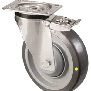 Grey Conductive Polyurethane Tyre with Plastic Centre, Stainless Steel Swivel Top Plate Castor with Brake