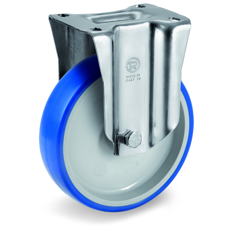 SOFT POLYURETHANE TYRE BONDED TO GREY NYLON CENTRE, FIXED TOP PLATE CASTOR, NL DUTY