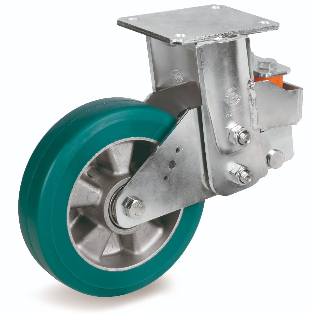 Green Elastic Polyurethane Tyre Bonded to Aluminium Centre, Electro Welded Fixed Top Plate Castor, EES MHD Duty