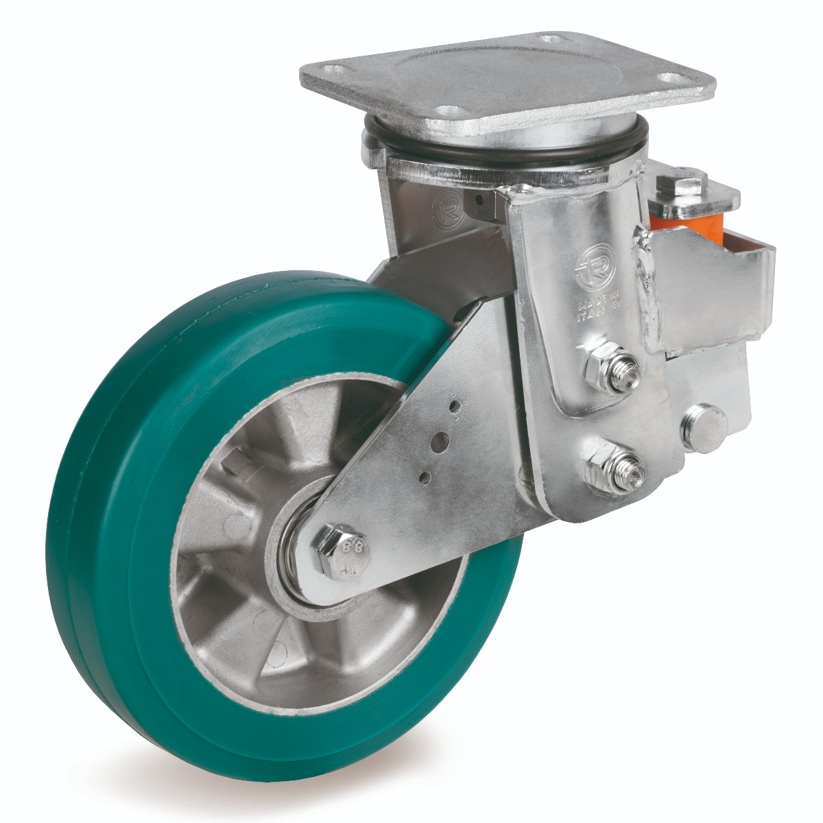 Green Elastic Polyurethane Tyre Bonded to Aluminium Centre, Electro Welded Swivel Top Plate Castor, EES MHD Duty