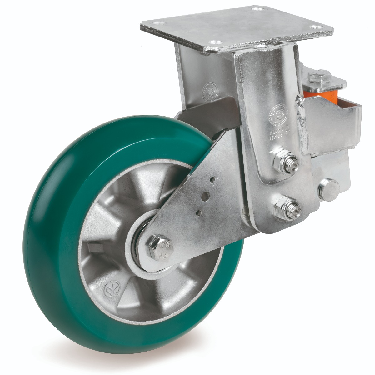 TR Roll Polyurethane Tyre with Ergonomic Round Profile Bonded to Aluminium Centre, Electro Welded Fixed Top Plate Castor, EES MHD Duty