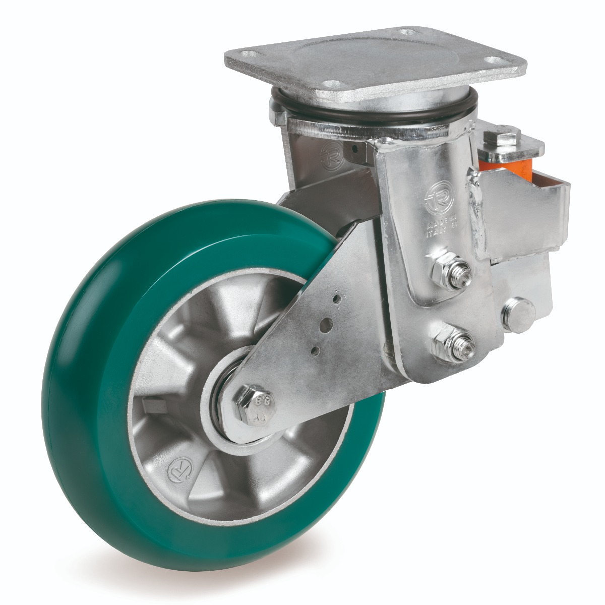 TR Roll Polyurethane Tyre with Ergonomic Round Profile Bonded to Aluminium Centre, Electro Welded Swivel Top Plate Castor, EES MHD Duty