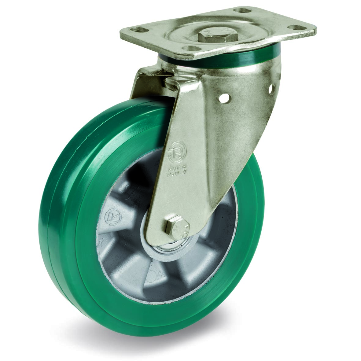 Green Elastic Polyurethane Tyre Bonded to Aluminium Centre, Swivel Top Plate Castor, PT Duty
