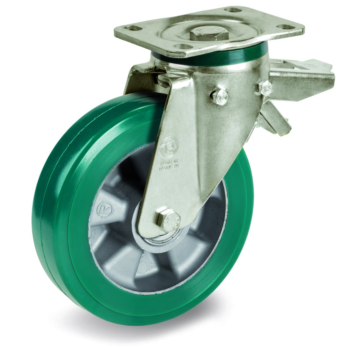 Green Elastic Polyurethane Tyre Bonded to Aluminium Centre, Swivel Top Plate Castor with Brake, PT Duty