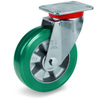 Green Elastic Polyurethane Tyre Bonded to Aluminium Centre, Swivel Top Plate Castor, EP Duty