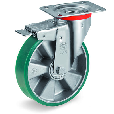 TR Roll Elastic Polyurethane with Thin Tyre and Aluminium Centre, Swivel Top Plate Castor with Brake, NL Duty