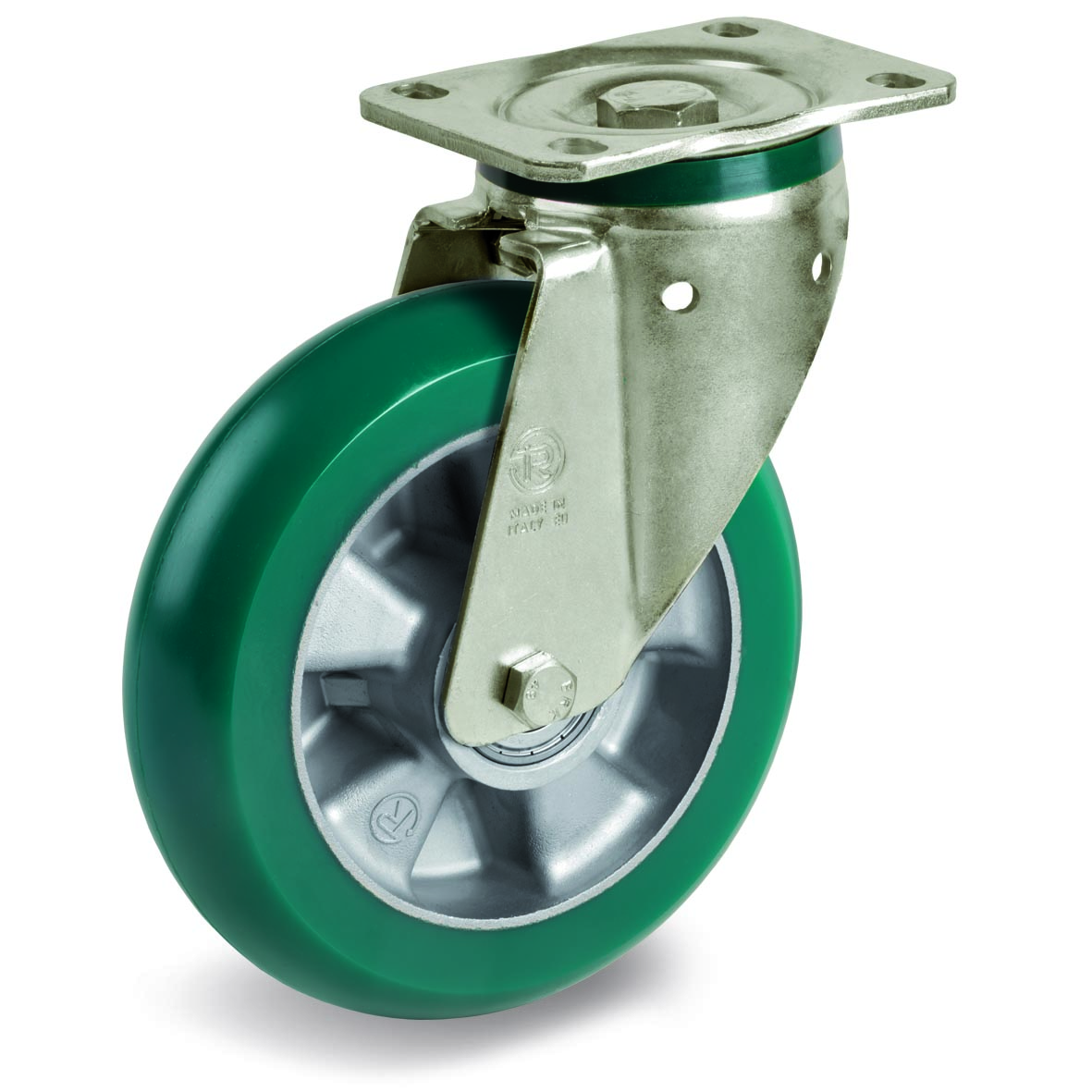 TR Roll Polyurethane Tyre with Ergonomic Round Profile Bonded to Aluminium Centre, Swivel Top Plate Castor, PT Duty