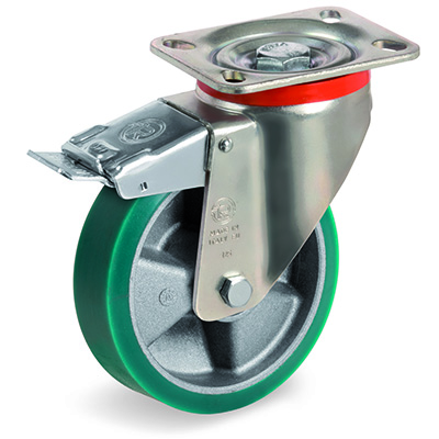 TR Roll Elastic Polyurethane with Thin Tyre and Aluminium Centre, Swivel Top Plate Castor with Brake, P Duty
