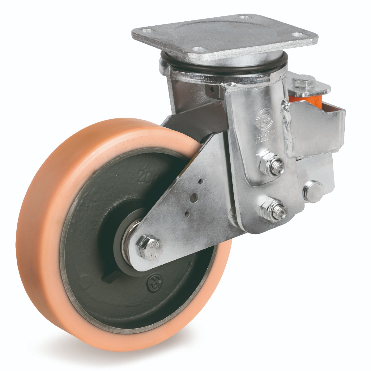 Vulkollan Tyre with Cast Iron Centre, Electro Welded Swivel Top Plate Castor, EES MHD Duty