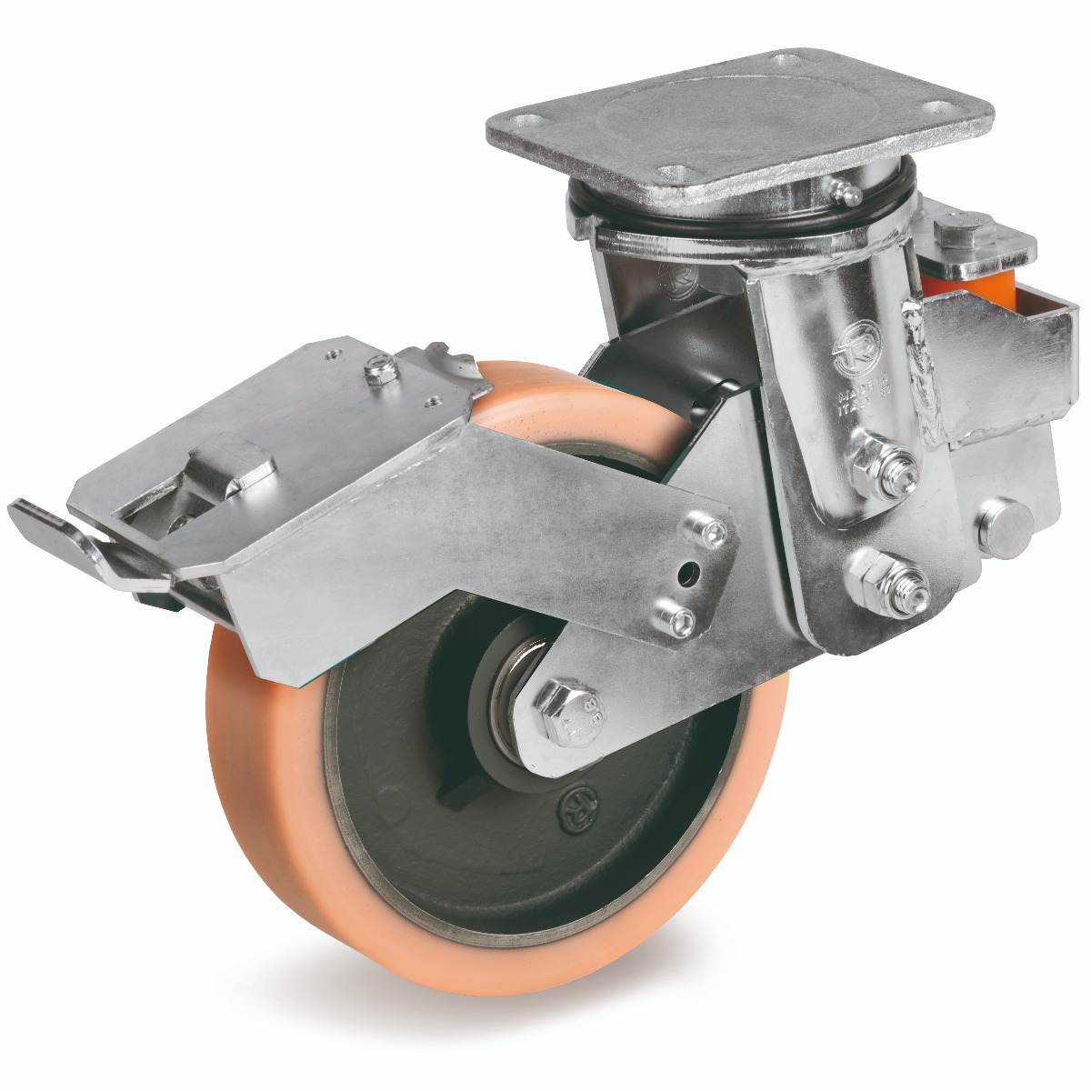 Vulkollan Tyre with Cast Iron Centre, Electro Welded Swivel Top Plate Castor with Brake, EES MHD Duty