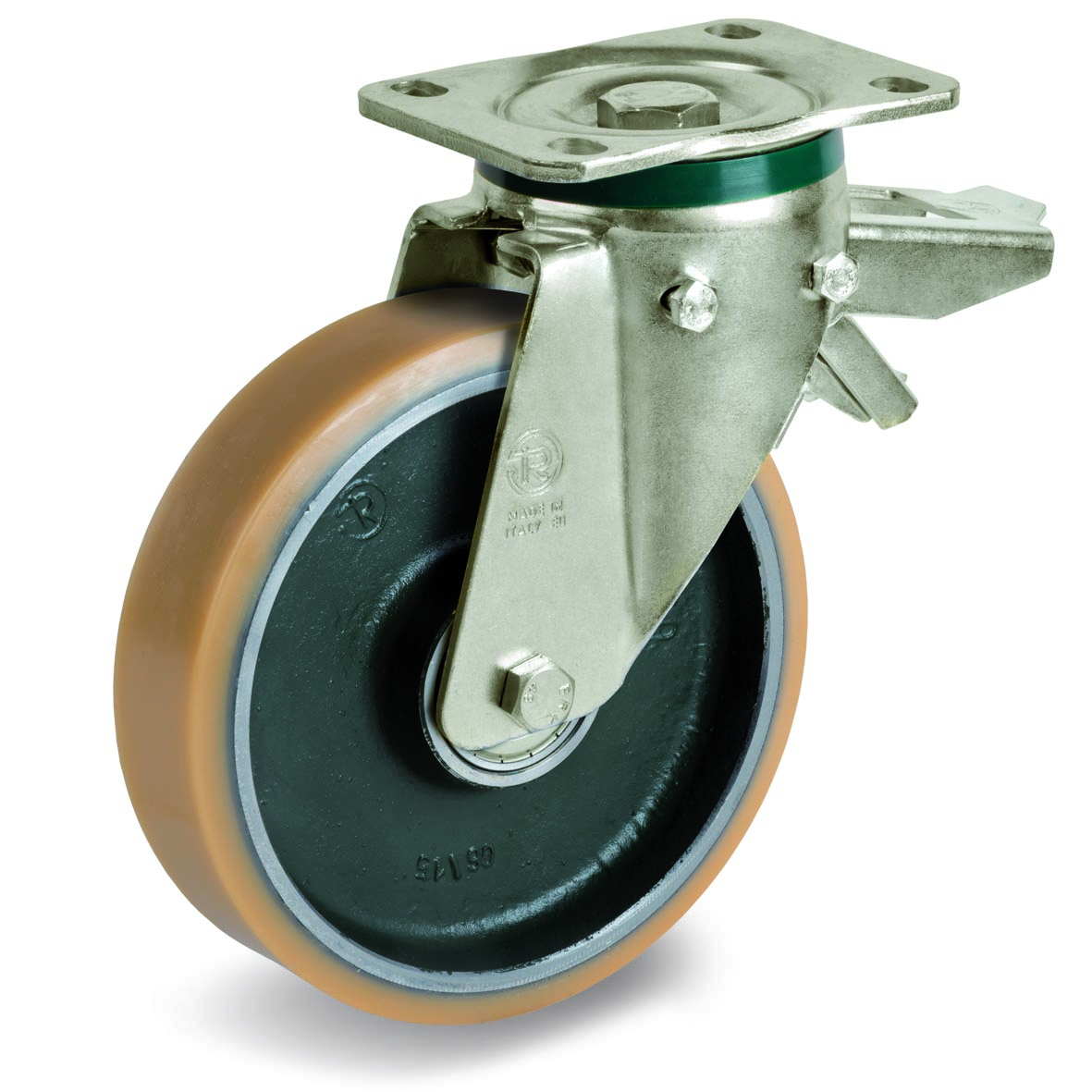 Vulkollan Tyre with Forged Steel Centre, Swivel Top Plate Castor with Brake, PT Duty