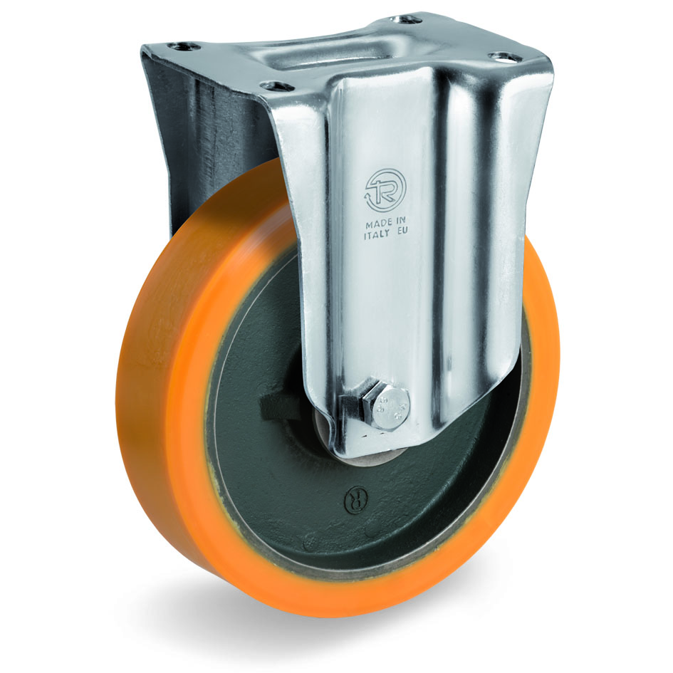 Cast Polyurethane Tyre Bonded to Cast Iron Centre, Fixed Top Plate Castor, M Duty