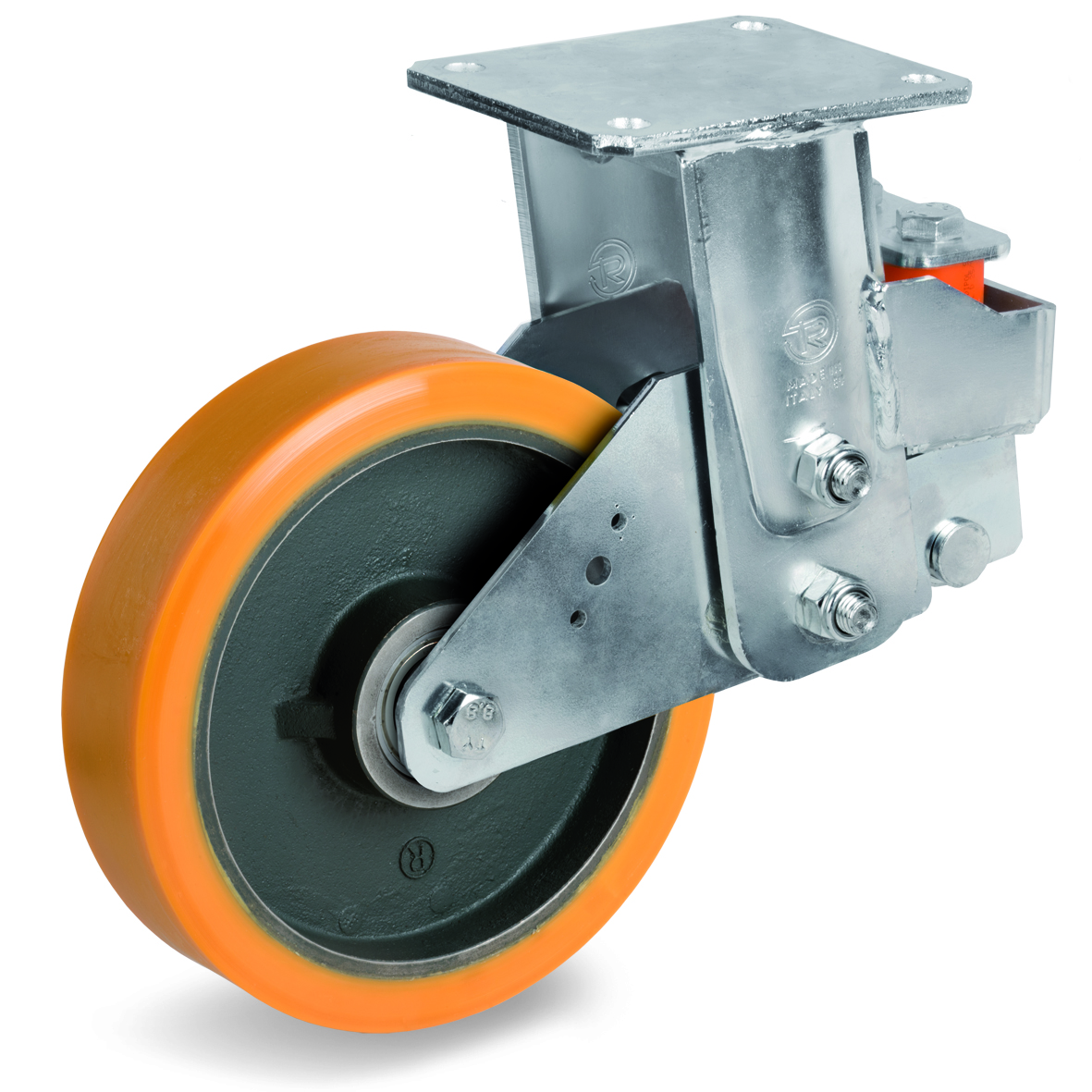Cast Polyurethane Tyre Bonded to Cast Iron Centre, Electro Welded Fixed Top Plate Castor, EES MHD Duty