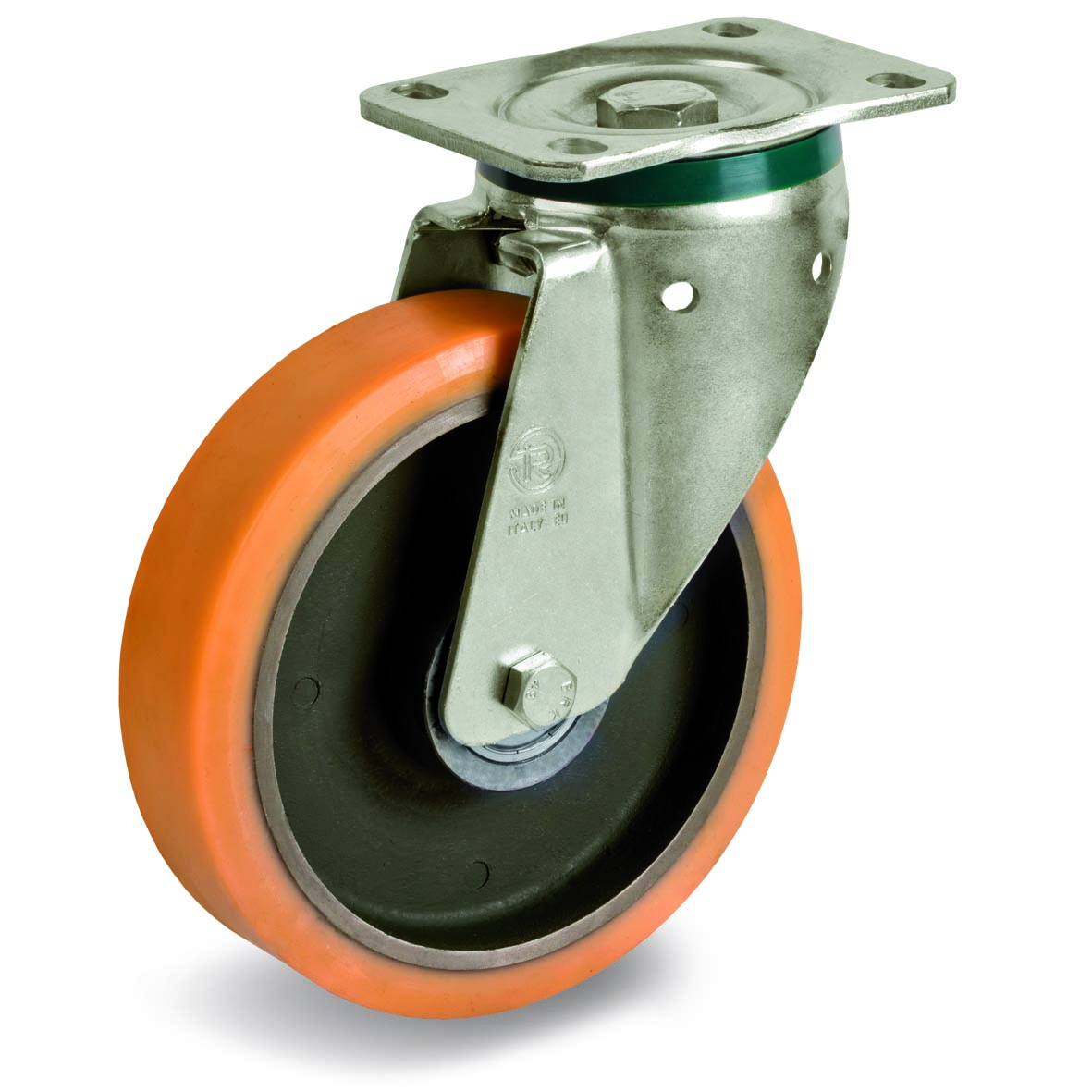 Cast Polyurethane Tyre Bonded to Cast Iron Centre, Swivel Top Plate Castor, PT Duty