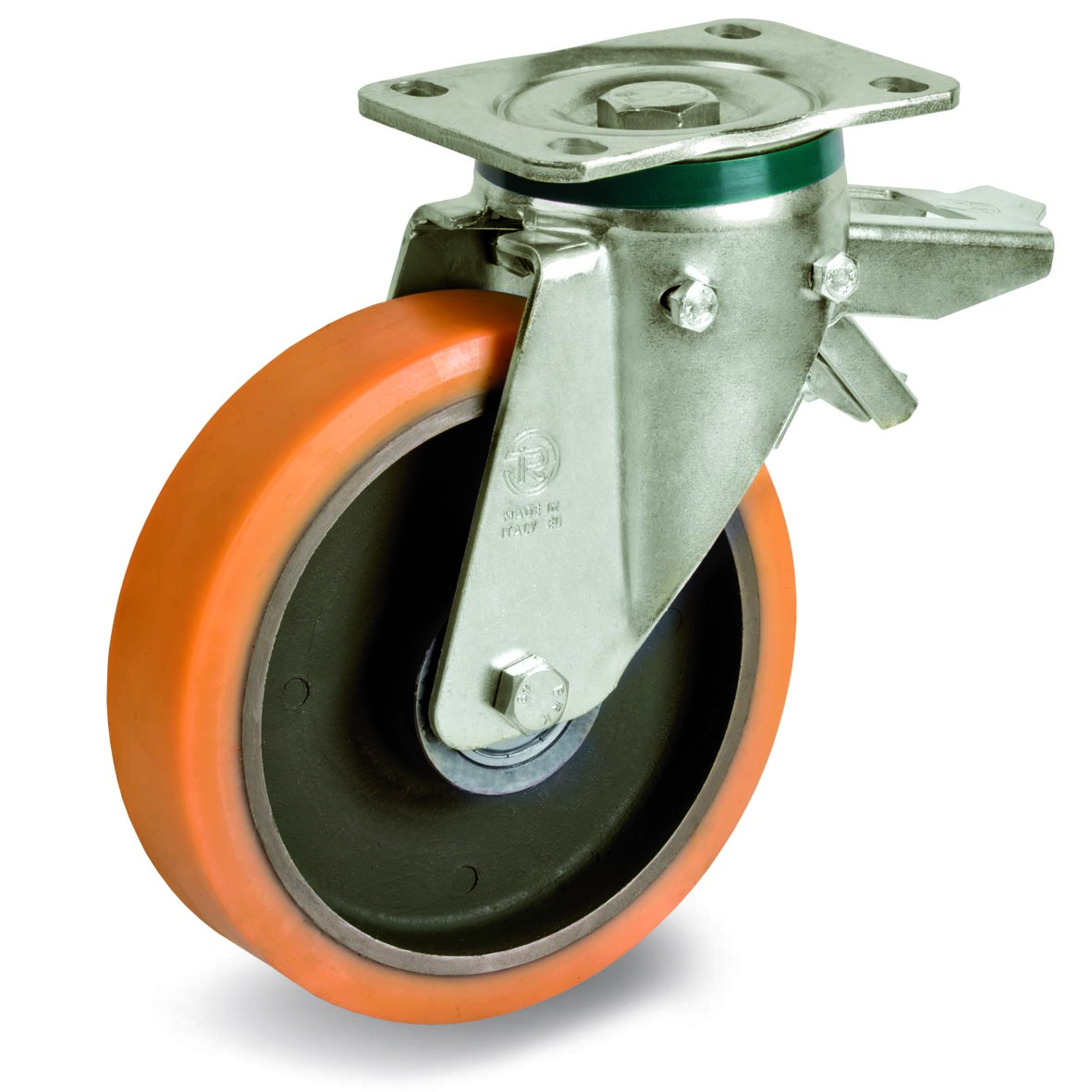 Cast Polyurethane Tyre Bonded to Cast Iron Centre, Swivel Top Plate Castor with Brake, PT Duty