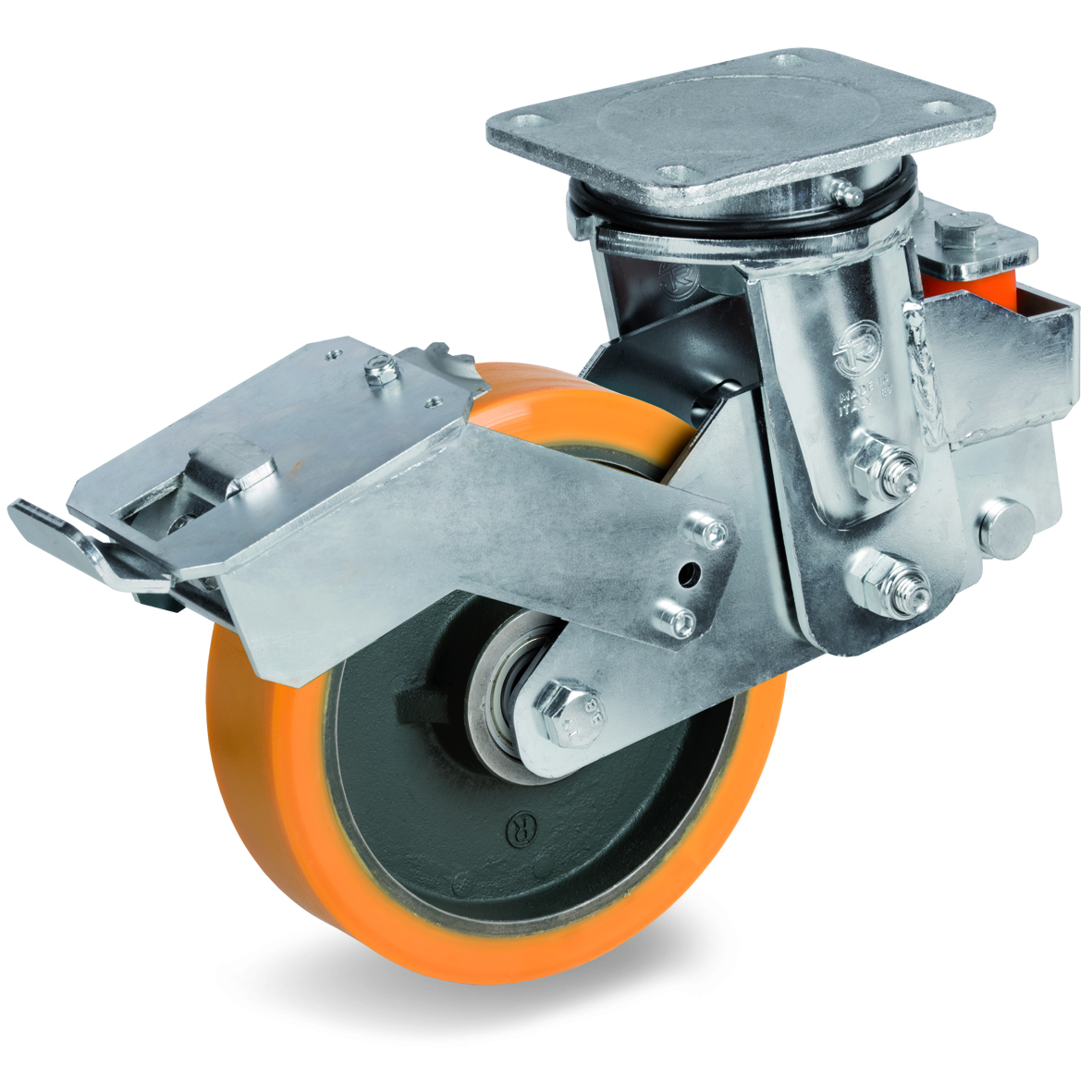 Cast Polyurethane Tyre Bonded to Cast Iron Centre, Electro Welded Swivel Top Plate Castor with Brake, EES MHD Duty