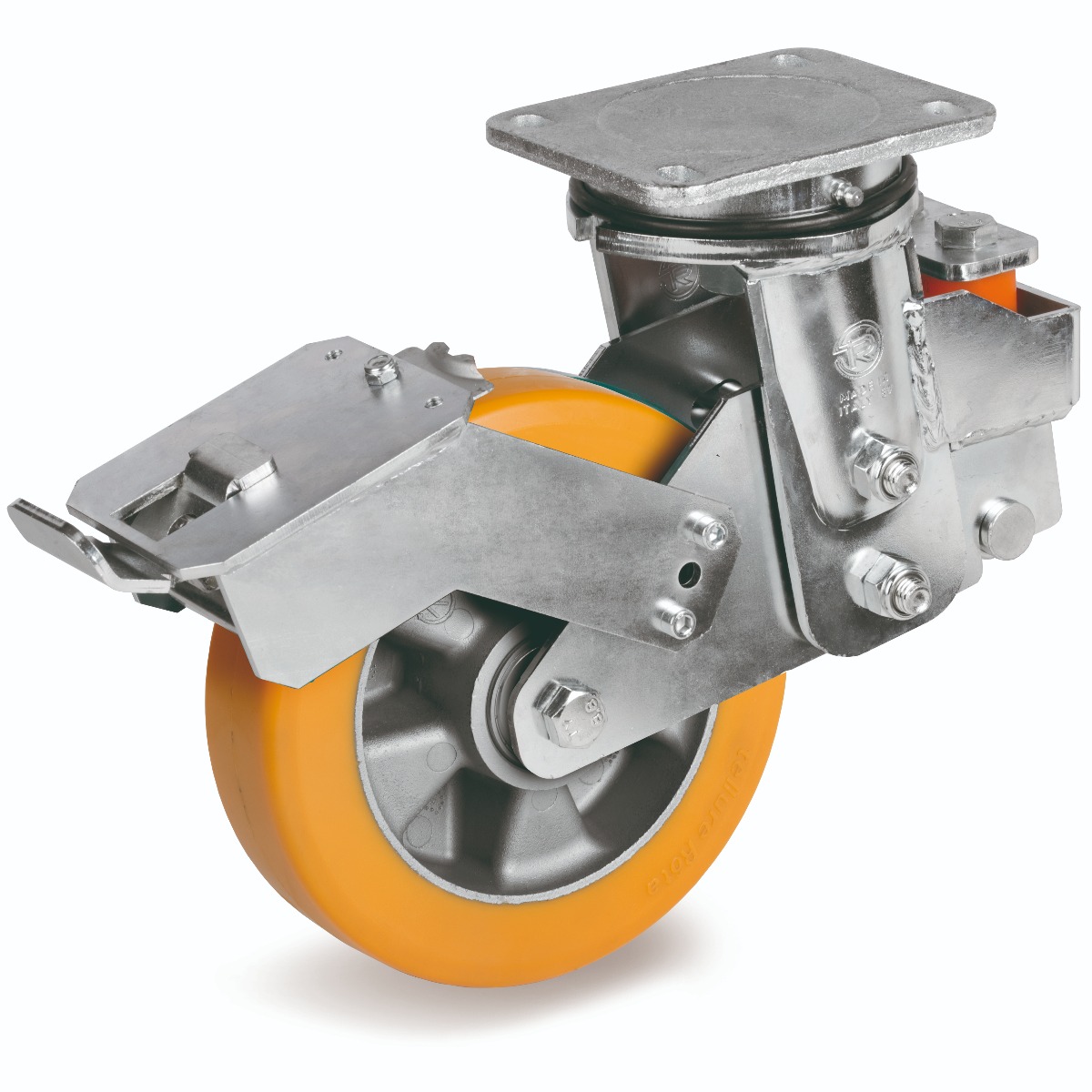 Special Thickness Polyurethane Tyre with Aluminium Centre, Electro Welded Swivel Top Plate Castor with Brake, EES MHD Duty