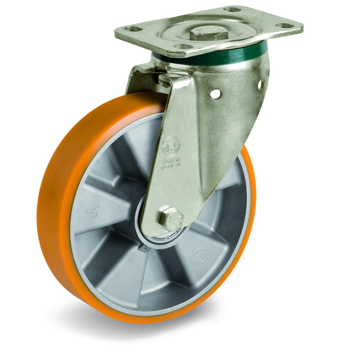 Cast Polyurethane Tyre Bonded to Cast Aluminium Centre, Swivel Top Plate Castor, PT Duty