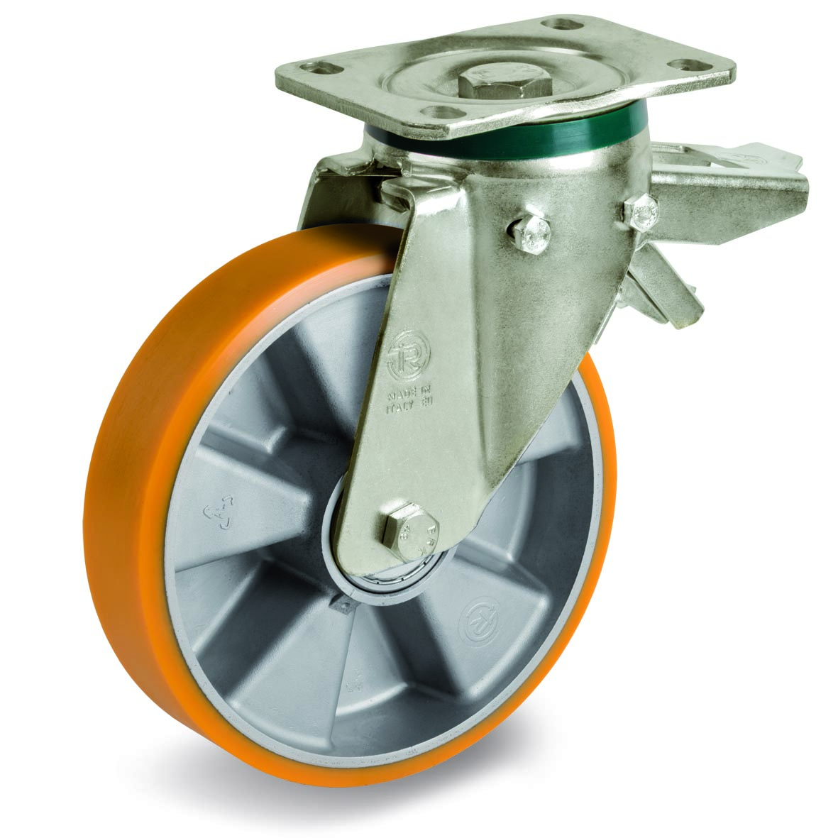 Cast Polyurethane Tyre Bonded to Cast Aluminium Centre, Swivel Top Plate Castor with Brake, PT Duty