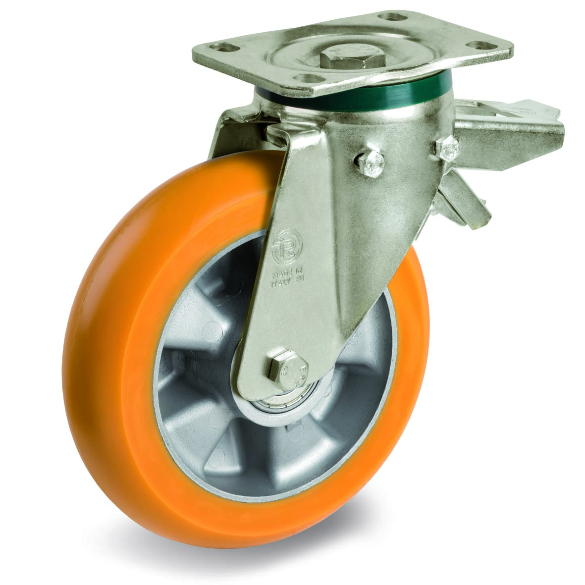 TR Roll Polyurethane Tyre, Ergonomic Round Profile Tyre and Aluminium Centre, Swivel Top Plate Castor with Brake, PT Duty
