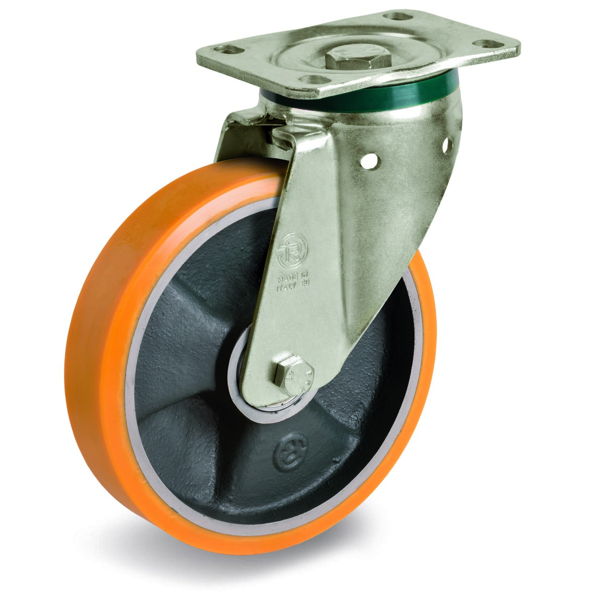 Cast Polyurethane Tyre Bonded to Cast Iron Centre, Swivel Top Plate Castor, PT Duty