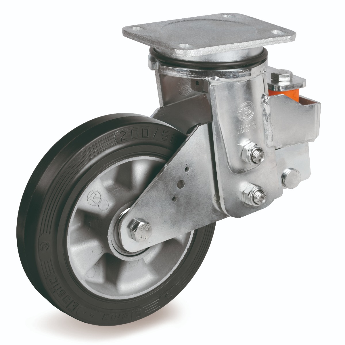 Elastic Rubber Tyre Bonded to Aluminium Centre, Electro Welded Sprung Loaded Swivel Top Plate Castor, EES MHD Duty