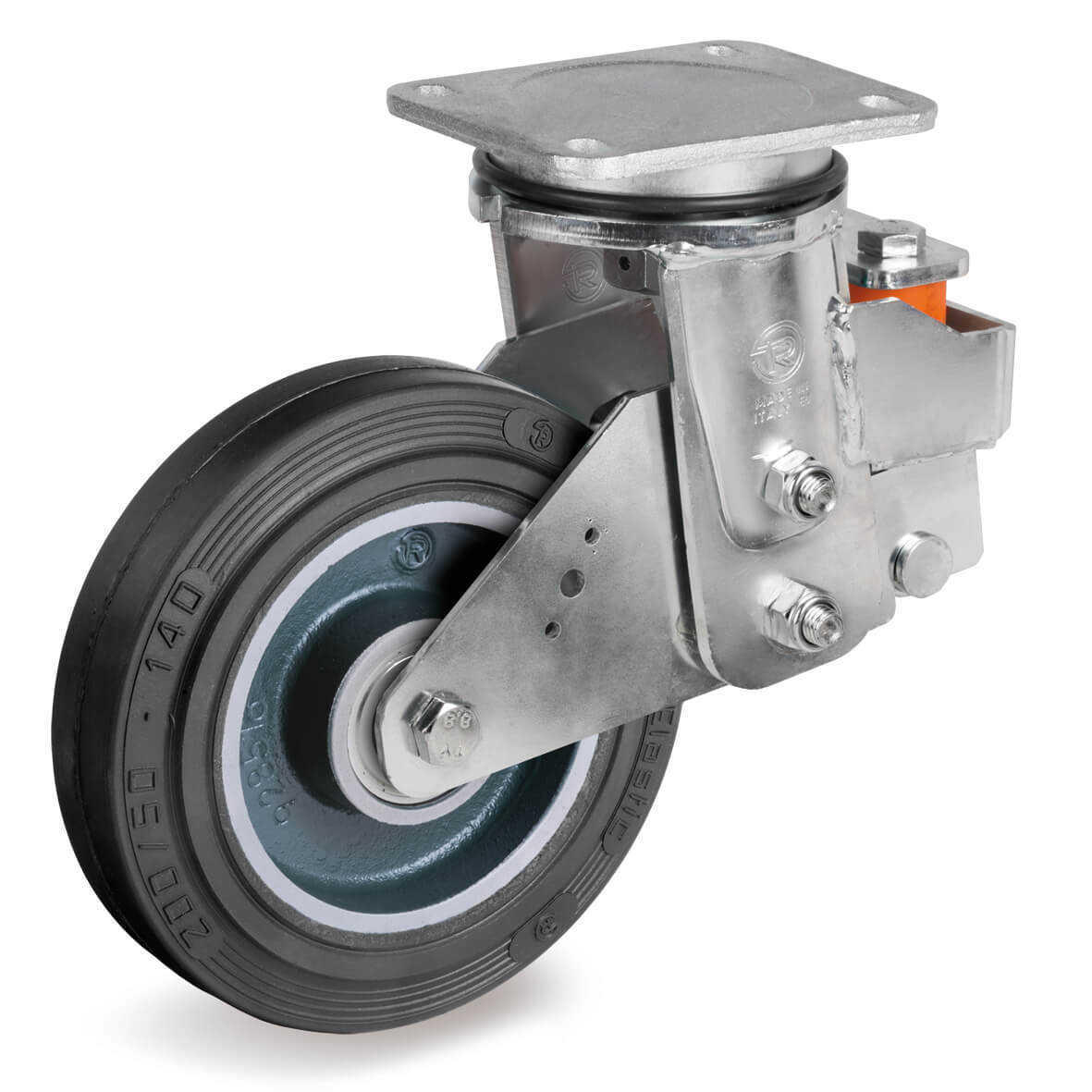 Vulcanised Sigma Elastic Rubber Tyre with Cast Iron Centre, Electro Welded Sprung Loaded Swivel Top Plate Castor, EES MHD Duty