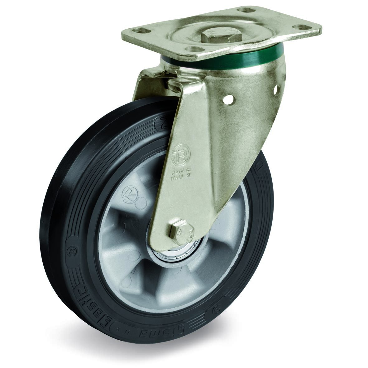 Elastic Rubber Tyre Bonded to Aluminium Centre, Swivel Top Plate Castor, PT Duty