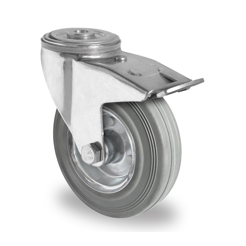 Grey Non-Marking Rubber Tyre with Steel Centre, Swivel Bolt Hole Castor with Trailing/Front Brake