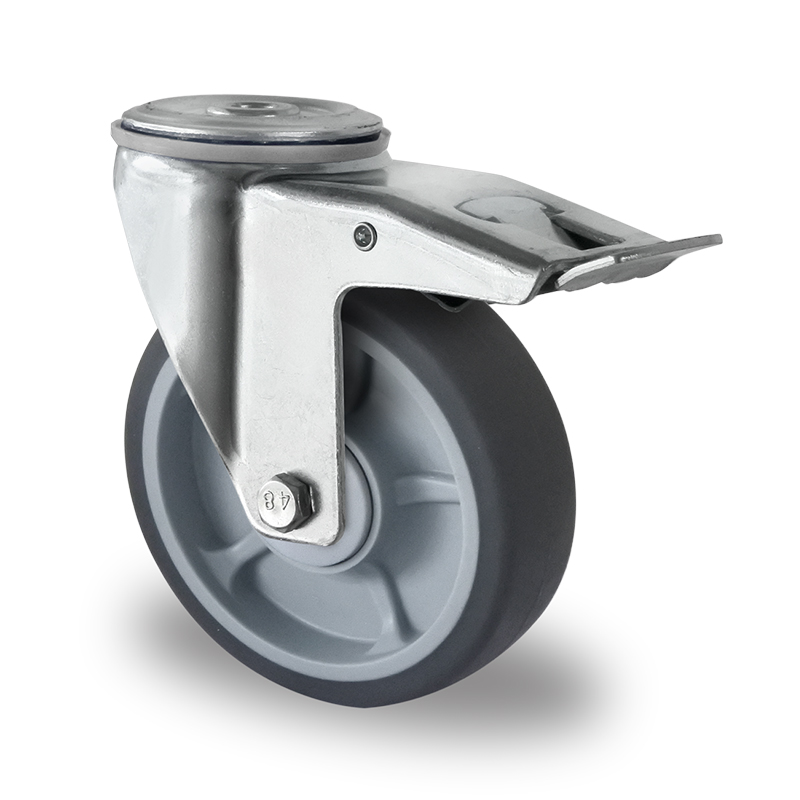 Soft grey TPR Tyre, Polypropylene centre, Swivel Bolt Hole Castor with Trailing/Front Brake