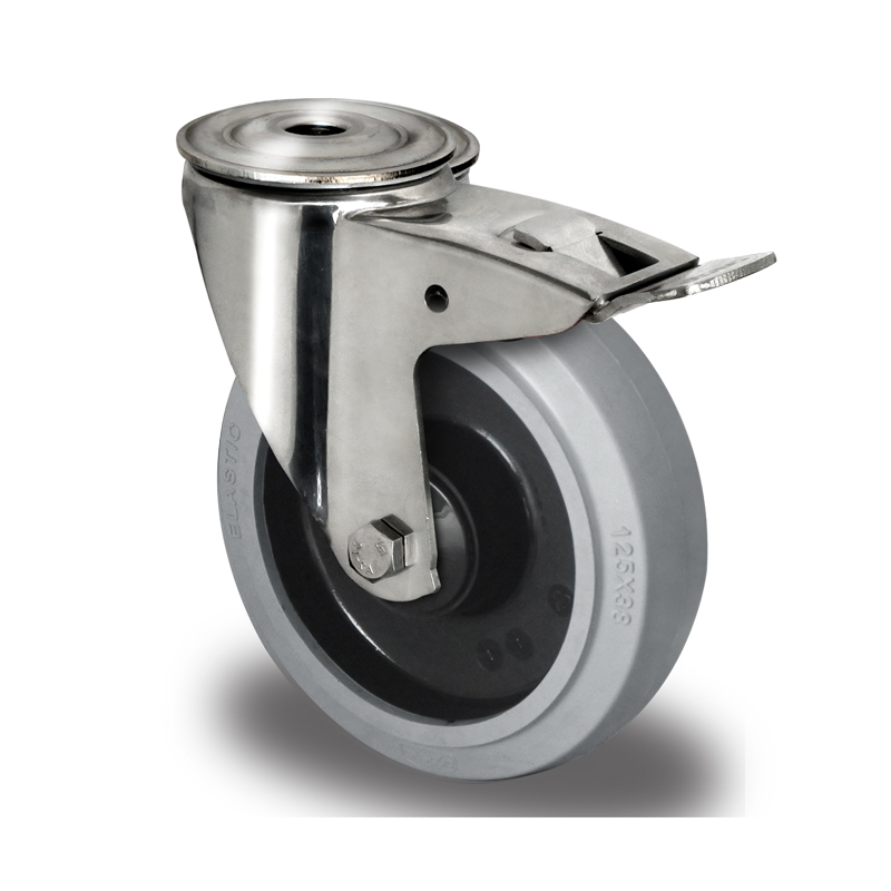 GREY ELASTIC TYRE WITH POLYAMIDE CENTRE, SWIVEL BOLT HOLE CASTOR WITH TRAILING/FRONT BRAKE, STAINLESS STEEL