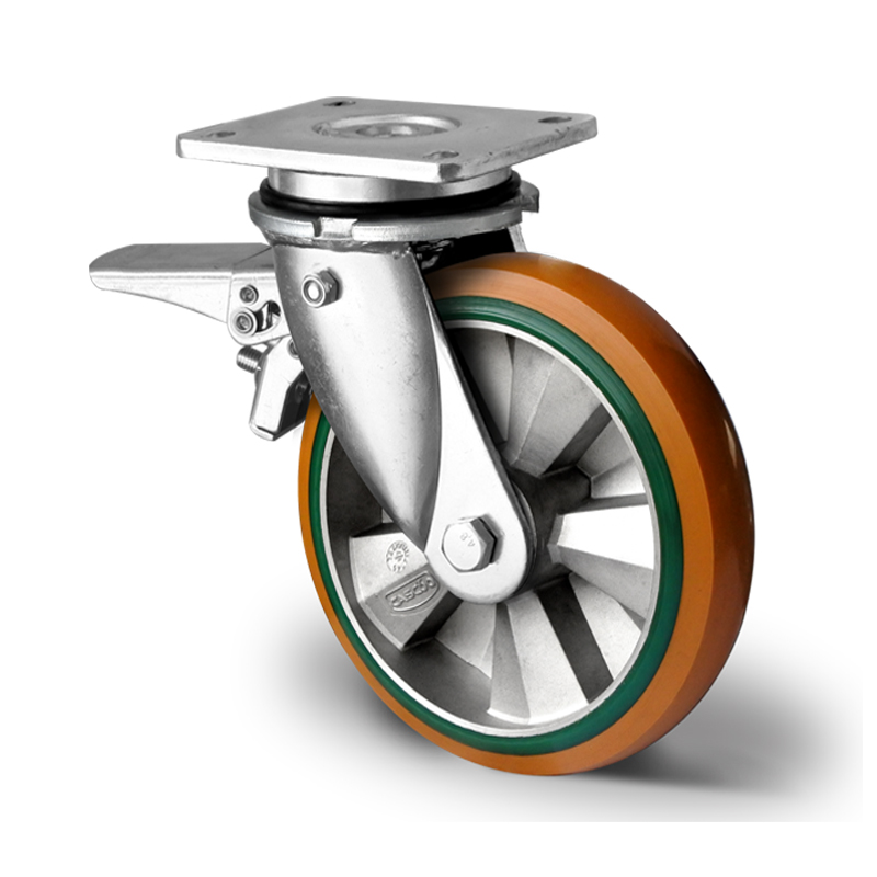 Special Hybrid Wheel, Soft Polyurethane Core with Harder Polyurethane Tyre, Swivel Top Plate Castor with Brake and Welded Housings