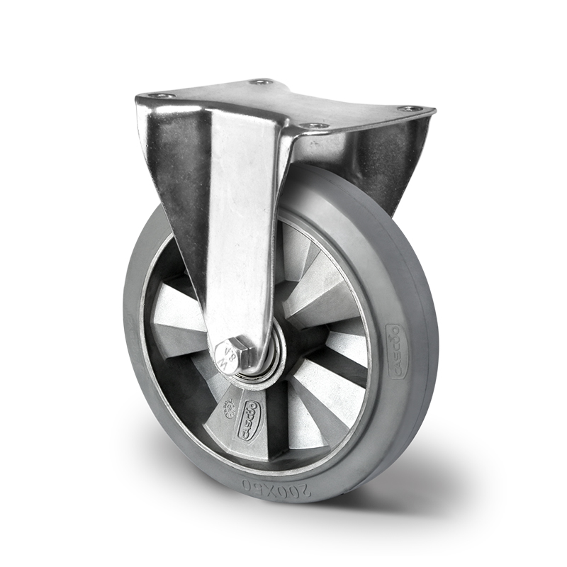 Grey Elastic Tyre with Aluminium Centre, Fixed Top Plate Castor