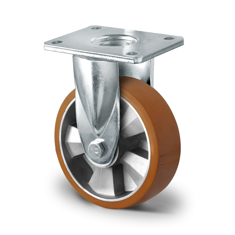 Brown Polyurethane tyre, with Aluminium centre, Fixed Top Plate Castor, electro-welded housing
