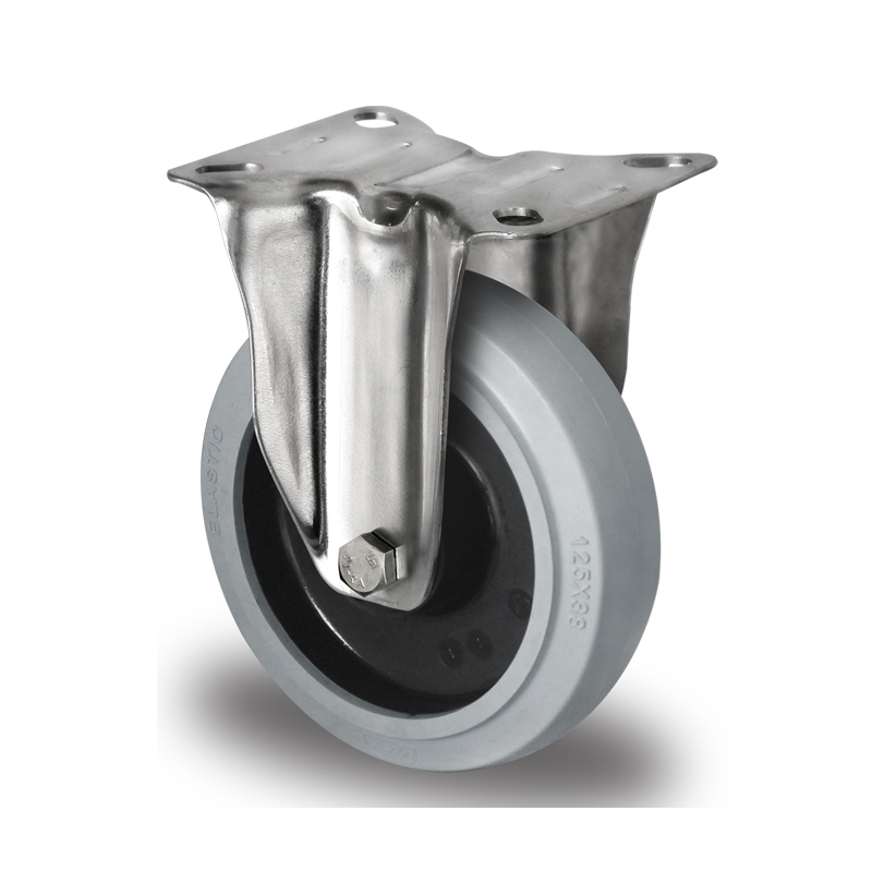 GREY ELASTIC TYRE WITH POLYAMIDE CENTRE, FIXED TOP PLATE CASTOR, STAINLESS STEEL