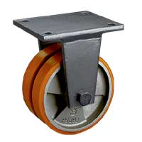 Cast Polyurethane Tyre Bonded to Cast Iron Centre, Twin Wheel Fixed Top Plate Castor