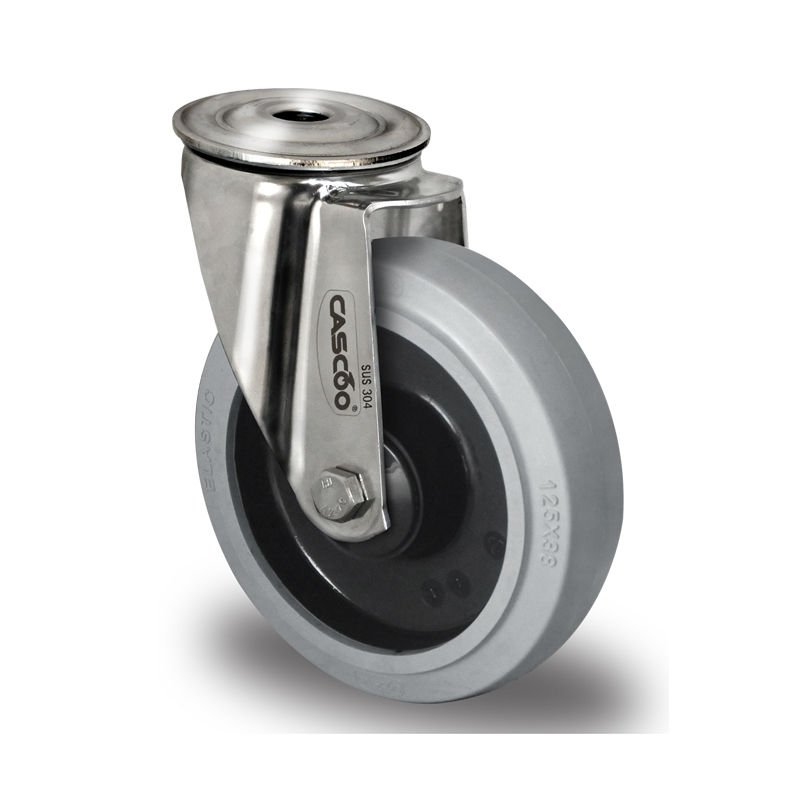 GREY ELASTIC TYRE WITH POLYAMIDE CENTRE, SWIVEL BOLT HOLE CASTOR, STAINLESS STEEL