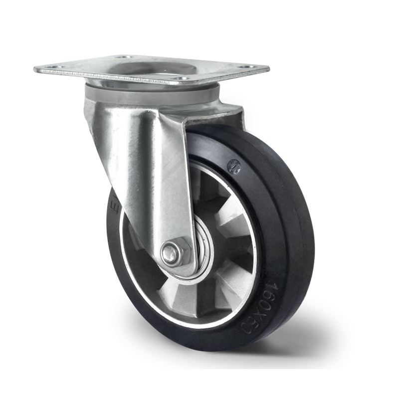 ELASTIC RUBBER TYRE BONDED TO ALUMINIUM CENTRE, SWIVEL TOP PLATE CASTOR