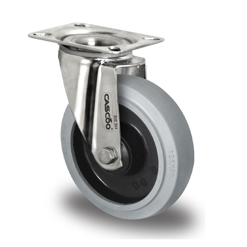 GREY ELASTIC TYRE WITH POLYAMIDE CENTRE, SWIVEL TOP PLATE CASTOR, STAINLESS STEEL