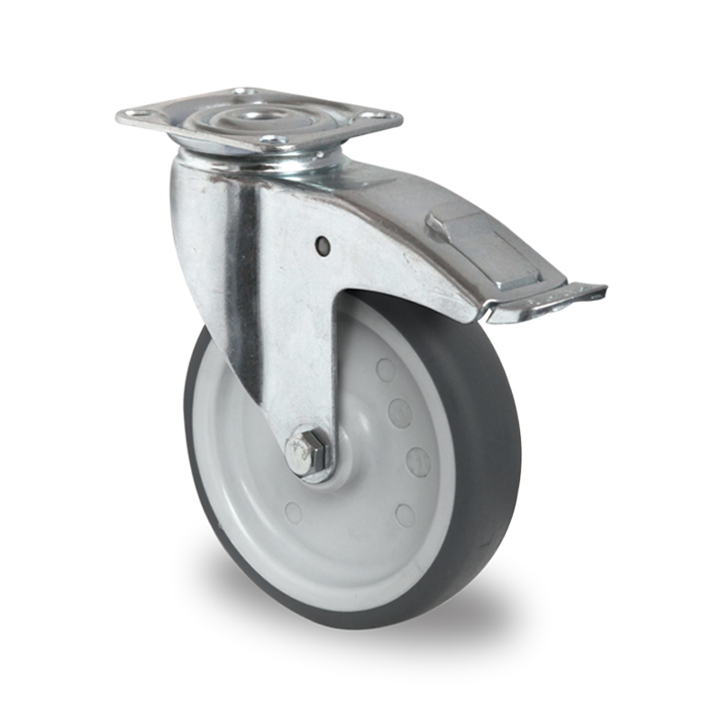 Grey TPR Tyre with Polypropylene Centre, Swivel Top Plate Castor with Brake
