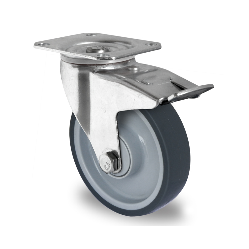 Grey TPR Tyre with Grey Polypropylene Centre, Swivel Top Plate Castor with Trailing/Front Brake