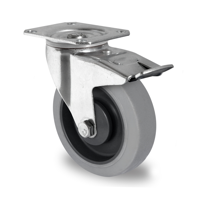 Grey TPR Tyre with Polypropylene Centre, Swivel Top Plate Castor with Brake
