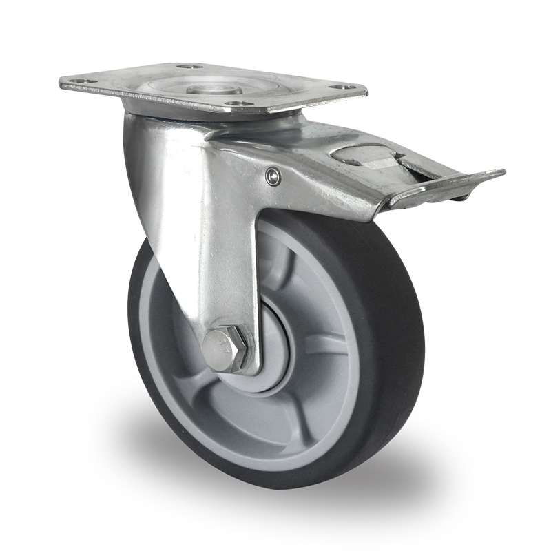 Soft grey TPR Tyre, Polypropylene centre, Swivel Top Plate Castor with Trailing/Front Brake
