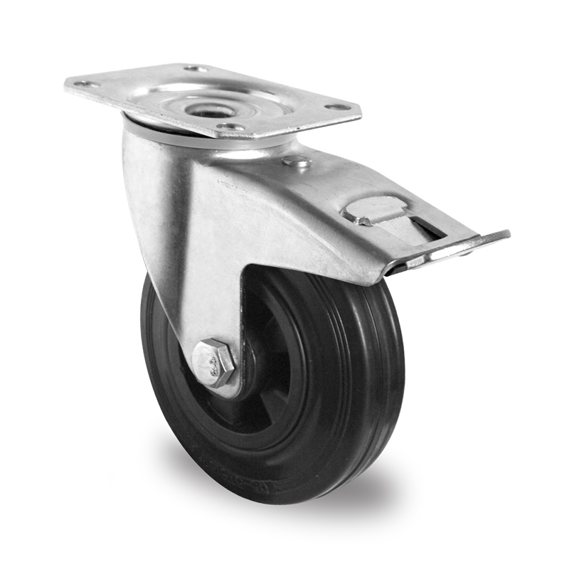Black Solid Rubber Tyre with Black Polypropylene Centre, Swivel Top Plate Castor with Trailing/Front Brake