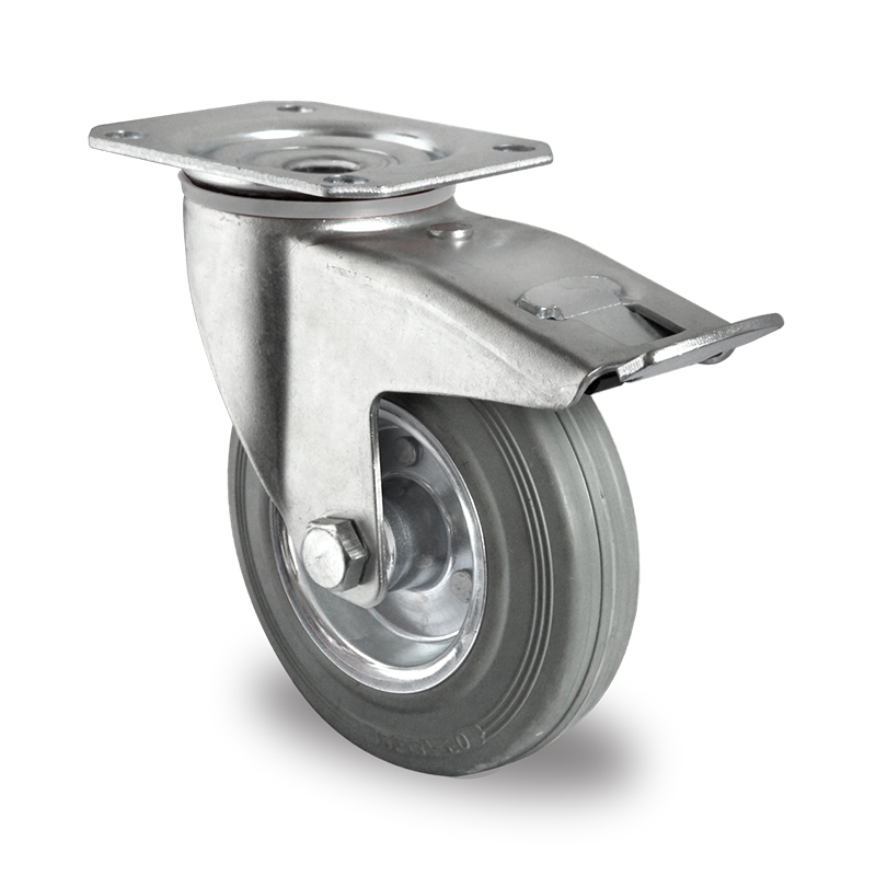 Grey Non-Marking Rubber Tyre with Steel Centre, Swivel Top Plate Castor with Trailing/Front Brake