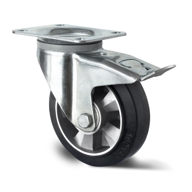 ELASTIC RUBBER TYRE BONDED TO ALUMINIUM CENTRE, SWIVEL TOP PLATE CASTOR, TRAILING/FRONT BRAKE