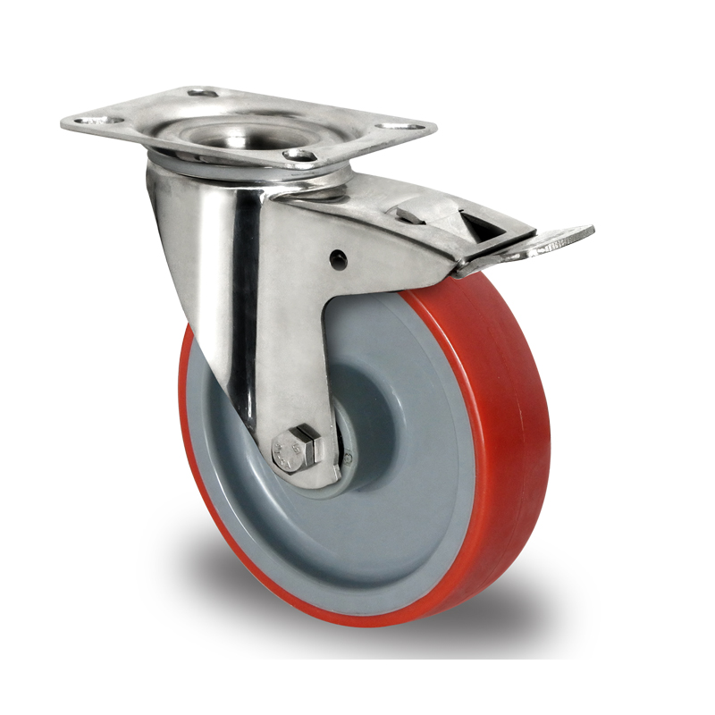 Red Polyurethane Tyre with Grey Nylon Centre, Stainless Swivel Top Plate Castor with Trailing/Front Brake