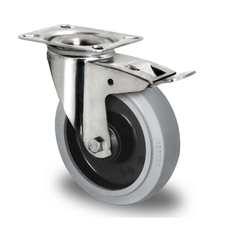 GREY ELASTIC TYRE WITH POLYAMIDE CENTRE, SWIVEL TOP PLATE CASTOR WITH TRAILING/FRONT BRAKE, STAINLESS STEEL